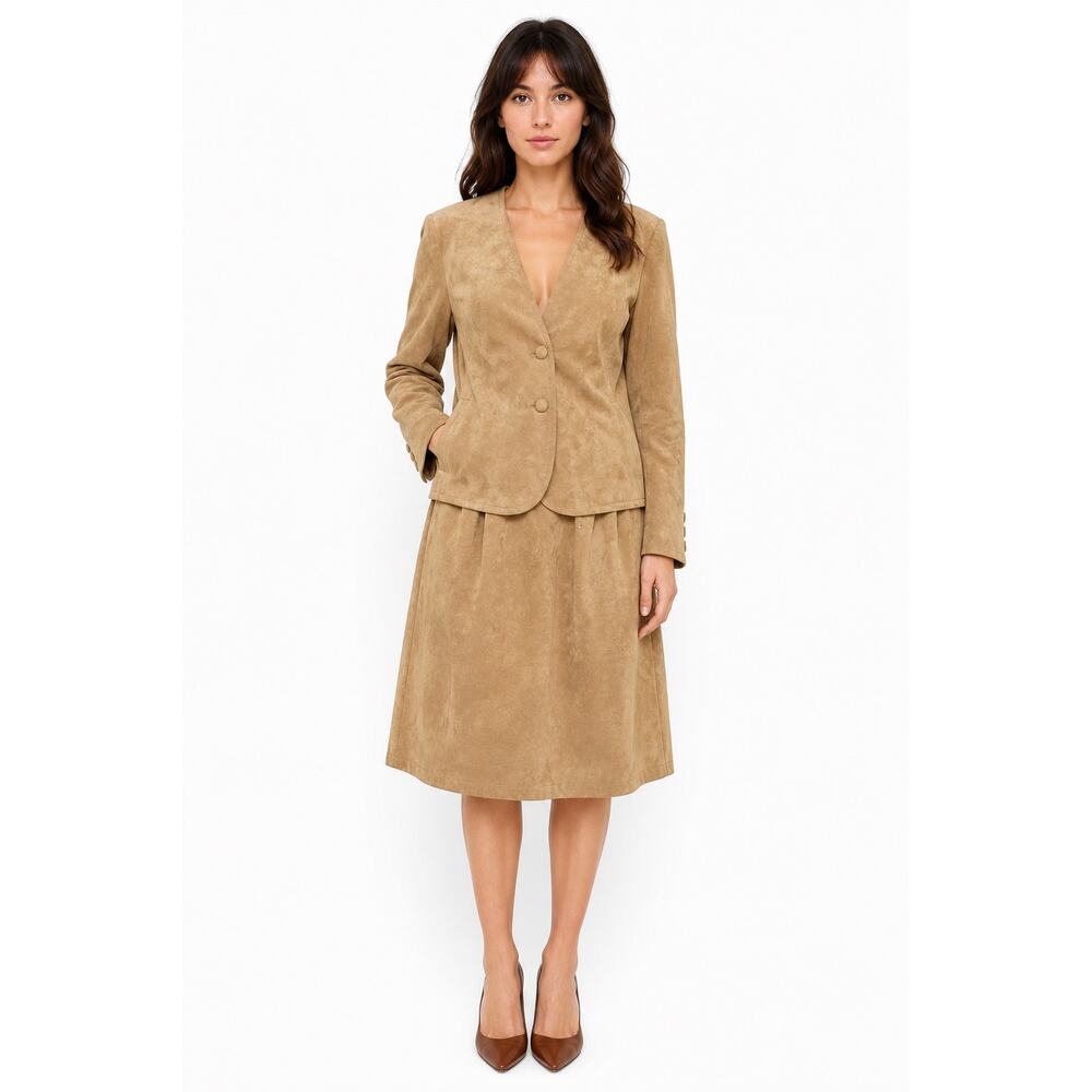1980s Handmade Tan Ultrasuede Skirt Suit Set Small